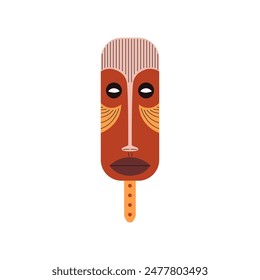 Tribal mask painted brown ornament vector flat icon. African decorative carved wooden mask. Cartoon craft indigenous aborigine face totem. Ritual ethnic symbol isolated, primitive culture