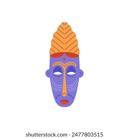 Tribal mask painted ornament bright colors vector flat icon. African decorated carved wooden mask. Cartoon craft face totem, aboriginal culture. Ritual ethnic symbol isolated