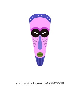 Tribal mask painted ornament bright colors vector flat icon. African decorative carved wooden mask. Cartoon purple craft aboriginal face totem, primitive culture. Ritual ethnic symbol isolated