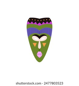 Tribal mask painted ornament bright colors icon. African decorative carved mask from wood vector flat illustration. Cartoon craft shaman face, Aztec and Inca totem. Ritual ethnic symbol isolated