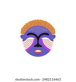 Tribal mask painted ornament bright colors vector flat icon. African or Indian decorated carved blue mask. Cartoon craft shaman face idol. Ritual ethnic symbol, aboriginal art culture isolated