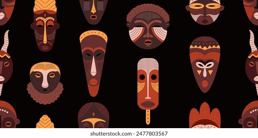 Tribal mask painted ornament seamless pattern on black background. African decorative carved wooden mask vector flat illustration. Cartoon craft indigenous aborigine face totem. Ritual ethnic symbol