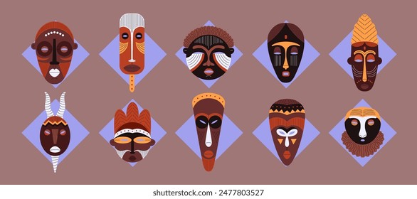 Tribal mask painted ornament vector flat illustrations set. African decorative carved wooden mask on blue rhomb icons. Cartoon craft indigenous aborigine face totem. Ritual ethnic symbol