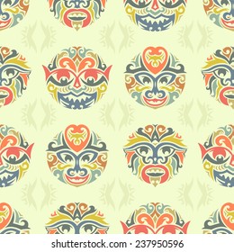 Tribal mask seamless pattern. Unique cultural vector background design. Traditional african and polynesian totem symbols. 