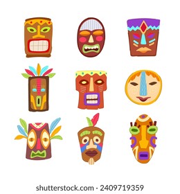 Premium Vector  Ethnic masks. traditional ritual, ceremonial african,  hawaiian or aztec mask with ethnic carnival ornaments, antique culture  vector set. tribal mask of different shape with painted face