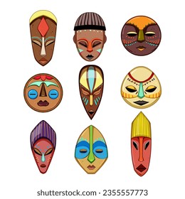 tribal mask set cartoon. totem face, tiki ethnic, tropical wooden tribal mask sign. isolated symbol vector illustration