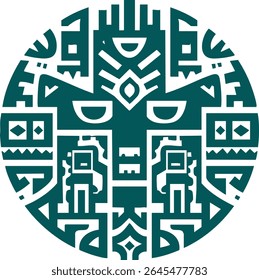 tribal mask totem symmetrical abstract geometric monochrome vector spiritual indigenous cultural ethnic decorative pattern graphic circular design bold lines symmetrical art Aztec inspired Mayan style