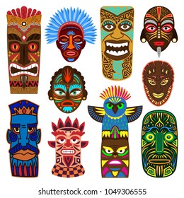 Tribal mask vector masking ethnic culture and aztec face masque illustration set of traditional aborigine masked symbol isolated on white background