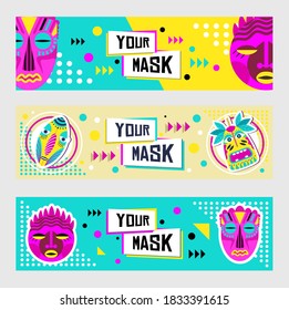 Tribal masks banner design set. Traditional decoration, tropical souvenir in boho style vector illustration with text samples. Template for retail flyers or online shop brochures