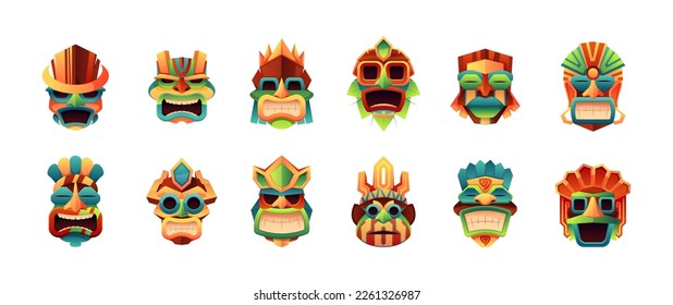 Tribal masks. Cartoon tiki heads and indigenous Hawaii Polynesia African ritual face masking, ancient traditional tribe totem idols. Vector isolated set. Religious or ceremonial elements for faces