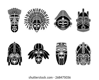 Tribal masks, ornamental elemetns set over white background