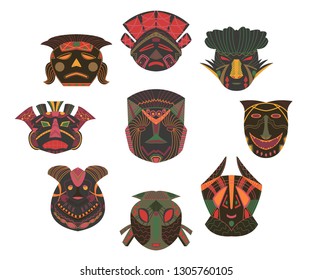 Tribal masks set. Design elements with african ethnic geometric ornament. Isolated objects on white background. Vector illustration