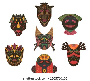 Tribal masks set. Design elements with african ethnic geometric ornament. Isolated objects on white background. Vector illustration