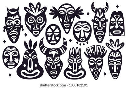 Siluetas de máscaras tribales. La religión de los antiguos tótem africanos se enfrenta a máscaras, máscaras faciales de la etnia hawaii dibujadas a mano, máscaras rituales ilustraciones vectoriales de diferentes formas, objetos blancos y negros