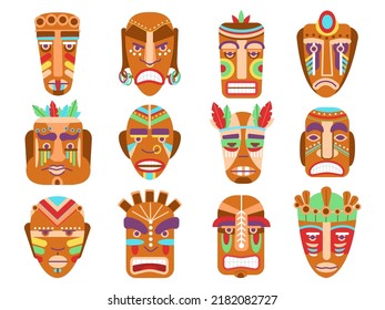 Tribal masks. Tiki idols, ethnic totem mask. Isolated ancient african wooden warriors symbols. Cartoon traditional maya culture decent vector elements