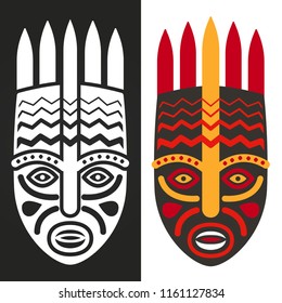 Tribal maya, african masks vector illustration, black and white and colorful
