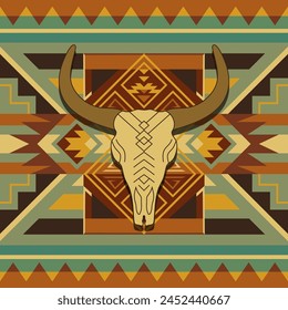 Tribal Mexican seamless pattern. Aztec Bull Skull. Wild West. Native American Southwest Print. Boho design.