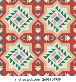 Tribal modern geometric abstract carpet seamless pattern. Color mosaic rug background.
