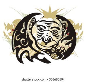 Tribal monkey splashes with coin. Grunge monkey with a crown and a gold coin isolated on a white background 