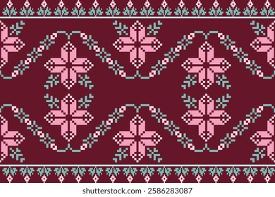 Tribal motif on geometic background.Colorful geometric embroidery traditional ethnic pixel art pattern.Aztec style.Design for texture,fabric,cloting,carpet,knitewar,wrapping,batik,scarf,vector