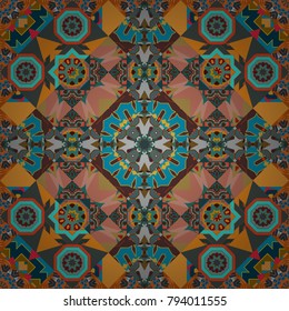 Tribal motifs. Vector oriental background in saturated colors. Vintage decorative elements in orange, brown and blue colors. Seamless pattern mandala ornament.