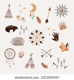 Tribal Native American and African hand-drawn set of primitive symbols, animals and birds on orange background	