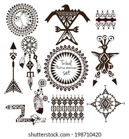 Tribal native american indian tribes ornamental black and white decorative elements set isolated vector illustration