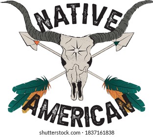Tribal Native American Western Style Buffalo Skull Illustration with Horns Arrows and Feathers - Graphic Tee Placement Print Vector 