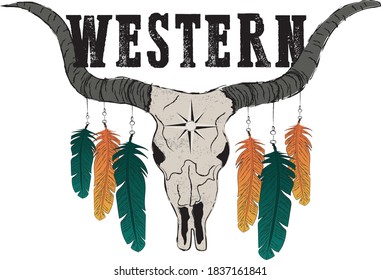 Tribal Native American Western Style Buffalo Skull Illustration with Horns and Feathers - Graphic Tee Placement Print Vector 