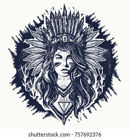 Tribal native american woman tattoo and t-shirt design. Ethnic girl warrior 