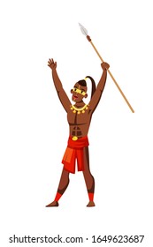 Hombre nativo de tribu alzando lanza en blanco. Carácter masculino Warlike gritando fuerte. Habitante africano listo para atacar, rezando a dios pagano. Ropa tradicional, maquillaje étnico. Ilustración del vector