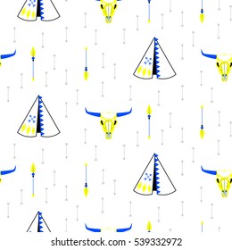 Tribal navajo teepee seamless pattern. White minimalistic pattern with wigwam, cow head skull and arrows.