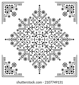 Tribal or neotribal line art vector mandala pattern with corners geometric ornamental design inspired by old Nordic Viking rune art. Minimal ethnic pattern in square, black and white Norse decorations