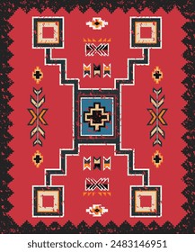 Tribal ornament. Geometric pattern. Ethnic pattern. Fabric - Red background geometric tribal southwestern aztec navajo. Design for ikat, fabric, clothing, carpet, textile, ethnic, batik, embroidery.