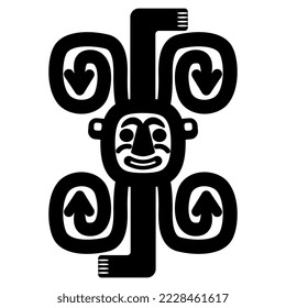 Tribal ornament of inca Indians from ancient Peru. Stylized human face with two bare feet and spirals. Native American pre Columbian symbol. Black and white silhouette.