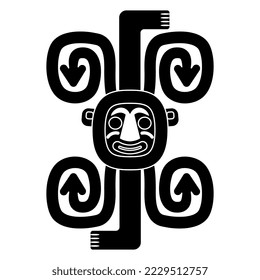 Tribal ornament of Inca Indians from ancient Peru. Stylized human face with two bare feet and spirals. Native American pre Columbian symbol. Black and white silhouette.