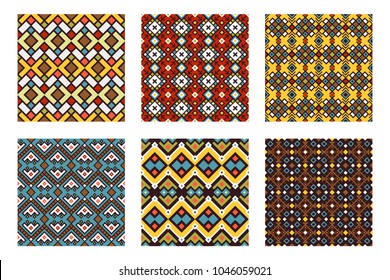 Tribal ornament pattern set. Colored mexican culture textures or color tribal ornamental seamless patterns