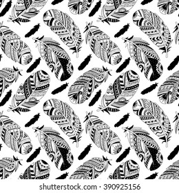 Tribal ornament seamless pattern, Ethnic ornament, Vector ink illustration on white background