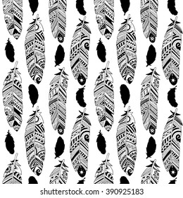 Tribal ornament seamless pattern, Ethnic ornament, Vector ink illustration on white background