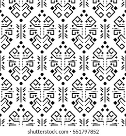 Tribal ornament seamless vector pattern. Black and white tileable aztec background.