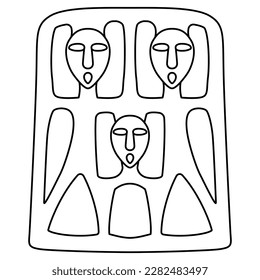 Tribal ornament with three fantastic human characters. Permian animal style. Ancient Siberian ethnic design. Black and white linear silhouette.