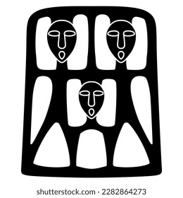 Tribal ornament with three fantastic human characters. Permian animal style. Ancient Siberian ethnic design. Black and white negative silhouette.