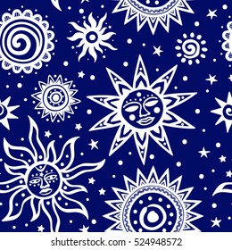 Tribal ornamental sun seamless pattern. Can be used as coloring book, textile pattern, print