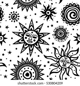 Tribal ornamental sun seamless pattern. Can be used as coloring book, textile pattern, print