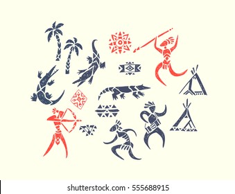 Tribal ornamental texture. Decorative composition with people, crocodile, wigwams and palms. Vector hand drawn illustration of a hunters and wild animals in the jungle