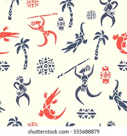 Tribal ornamental texture. Vector seamless pattern. Crocodiles and hunters in the jungle