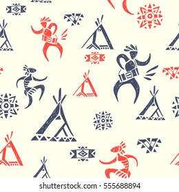 Tribal ornamental texture. Vector seamless pattern.  American indian village. Hand drawn tropical background.