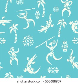 Tribal ornamental texture. Vector seamless pattern. Hand drawn illustration of a hunters and wild animals in the jungle. Tropical background with people, crocodiles and palms