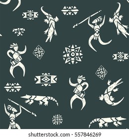 Tribal ornamental texture. Vector seamless pattern. Crocodiles and hunters in the jungle