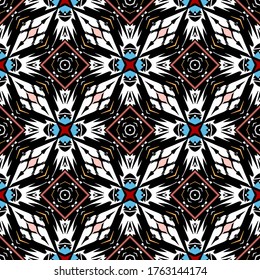 Tribal ornamental vector seamless pattern. Folk abstract colorful background. Ethnic mosaic ornament, Decorative tribe design for fabric, textile, printing. Patterned backdrop with geometric elements.